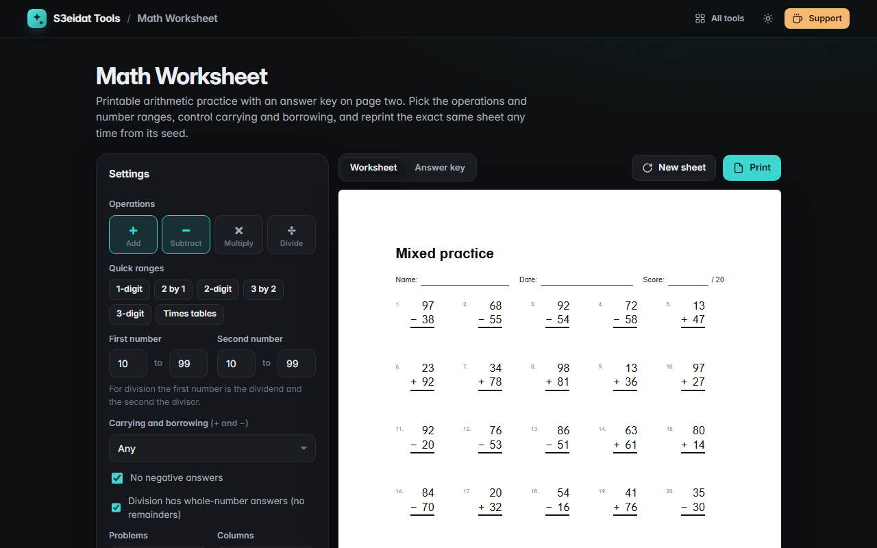 Math Worksheet — Free Printable Maths Worksheets with Answer Keys ...